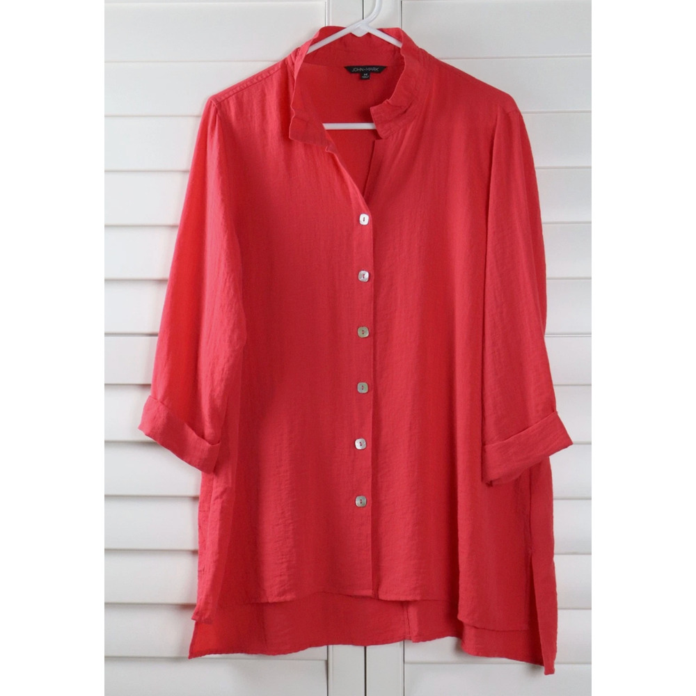 NWT John Mark Solid Red FUNKY SILVER BACK ZIPPER Blouse Tunic S Pockets Spring